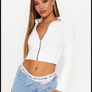 Cream ribbed zip up crop top
